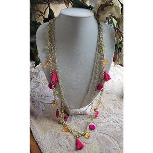 Gold Tone Chain Multi Strand Rhinestone Neon Tassel Necklace Charming Charlie